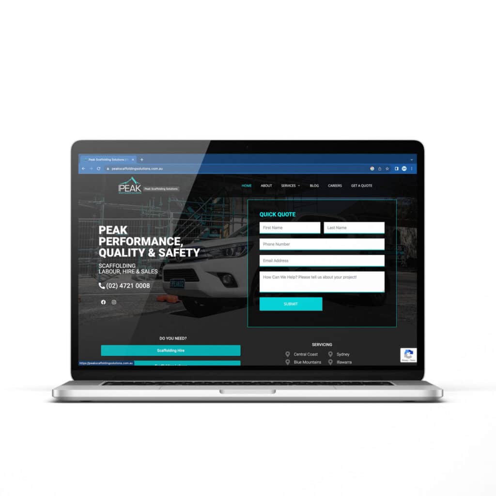 Peak Scaffolding website mock on a laptop